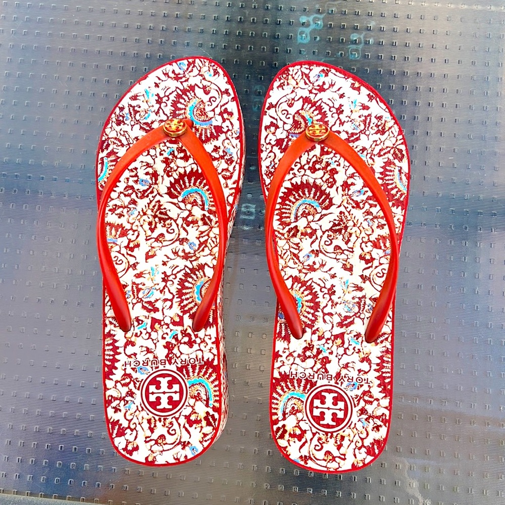 Tory Burch Enameled Rubber Wedge Flip Flop Sandals -  Size 8 - Red, White & Blue